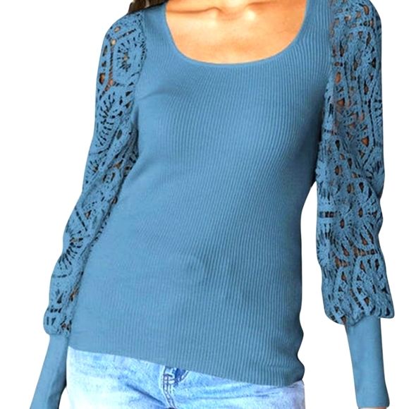 Sweaters - Women's Blue Sweater with Lace Sleeves Size L